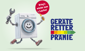 Sujet der Geräte-Retter-Prämie des Bundes. Zeigt eine laufende, glückliche Waschmaschine mit dem Slogan: "Brings wieder zum laufen" und dem Geräte-Retter-Prämie Logo.