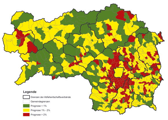 Abb. 80: Prognose des Abfallmengenzuwachses in den steirischen Gemeinden 2020 © Quelle der Prognosedaten Beigl & Lebersorger, 2010 - Boku Wien Abb. 80: Prognose des Abfallmengenzuwachses in den steirischen Gemeinden 2020 © Quelle der Prognosedaten Beigl & Lebersorger, 2010 - Boku Wien
