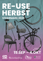 Ankündigungsplakat Re-Use Herbst Steiermark 2025 mit verschiedenen re-Use Gegenständen wie Fahrrad, Sessel, Lampe etc.