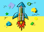buntes Bild von einer Rakete mit Bastelutensilien und Buntstiften © Tierney-adobe.stock.com