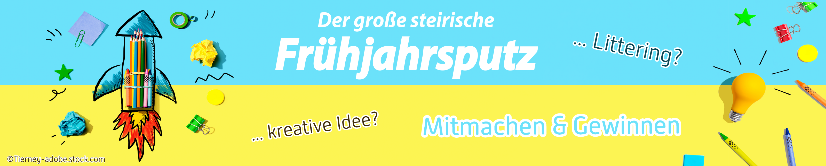 Illustrative Darstellung von Kreativität mit farbenfrohen Elementen und Symbolen z.B. eine Rakete, eine Glühbirne, etc.