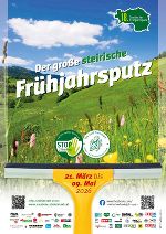 Ankündigungsplakat für den 18. Großen steirischen Frühjahrsputz. Fensterabzieher auf einer Blumenwiese. Am Fensterabzieher steht das Aktionsdatum 21. März bis 09. Mai 2026