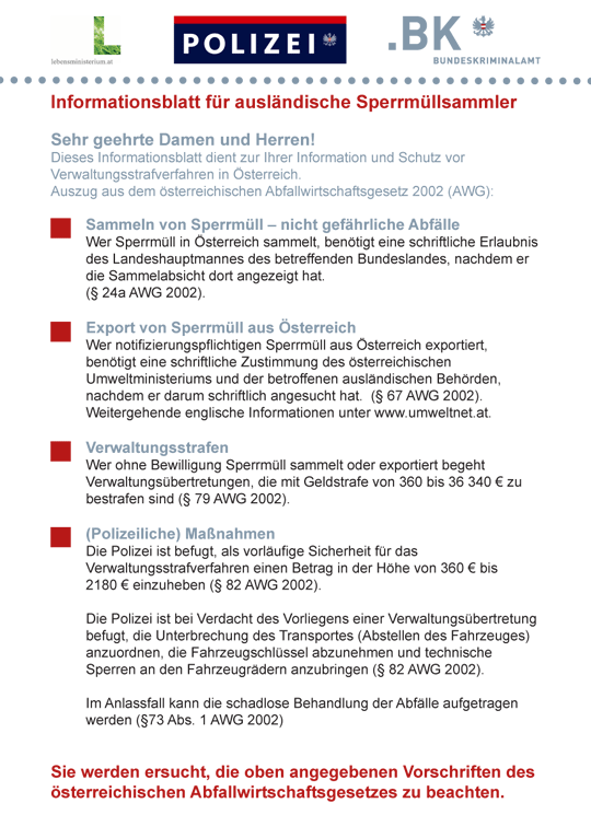 Informationsblatt für ausländische Sperrmüllsammler in deutscher Sprache